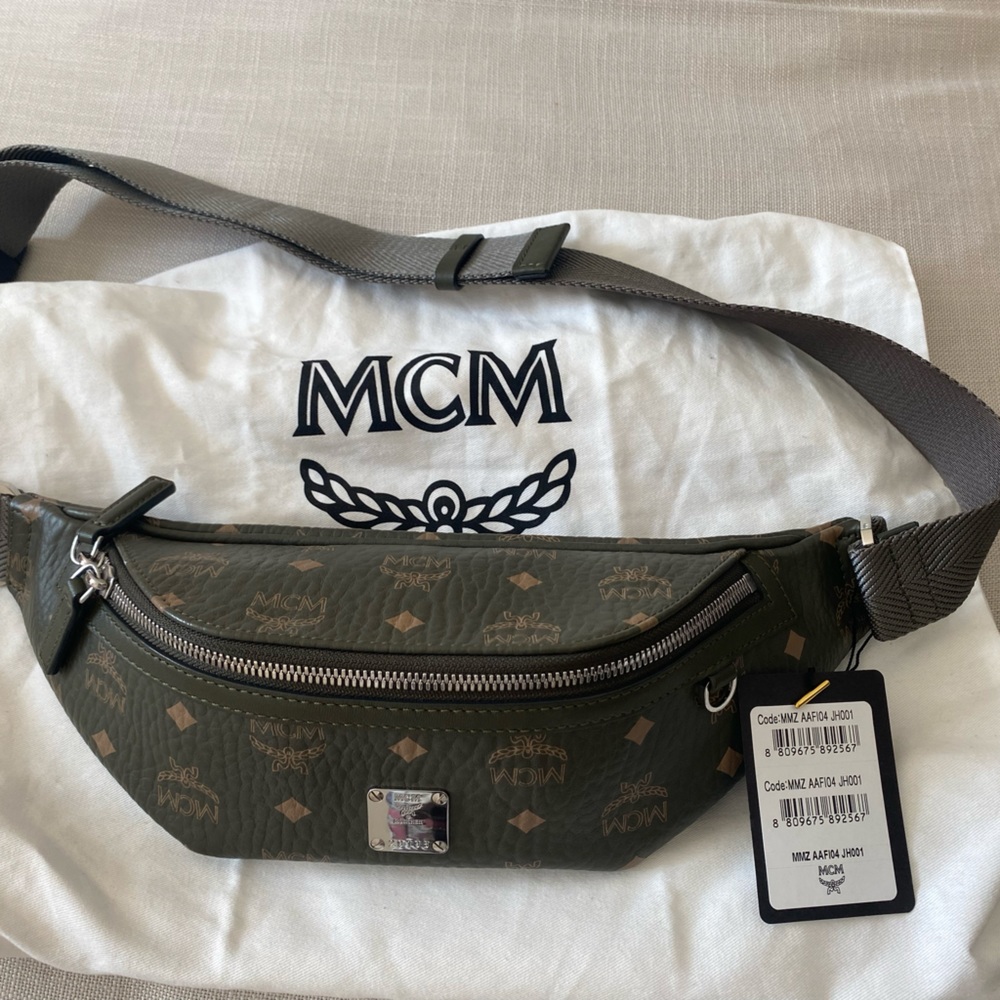 MCM Medium Fursten Belt Bag in Visetos Sea Turtle Green